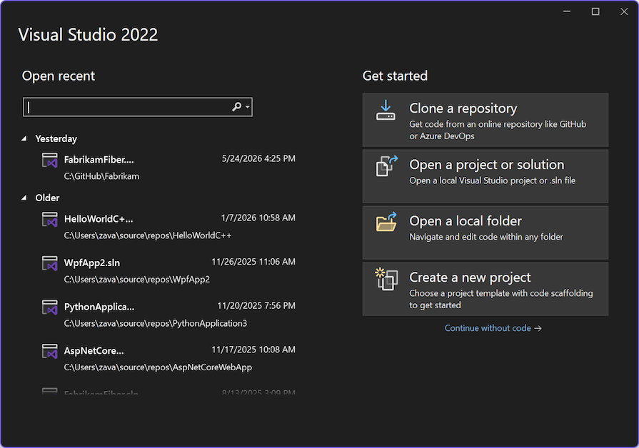Screenshot de la fenêtre de démarrage lorsque Visual Studio 2022 ouvre.