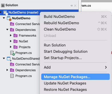 This screenshot shows Manage NuGet packages for the solution.