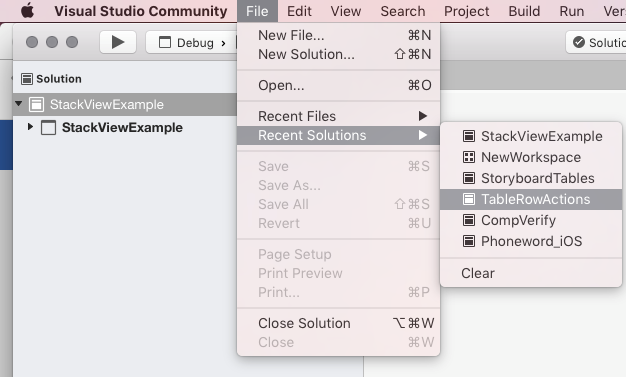 Screenshot of Recent Solutions menu
