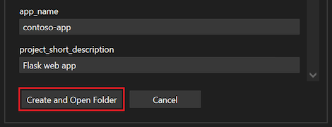 Capture d’écran illustrant le bouton Créer et ouvrir un dossier après la liste des options de modèle.