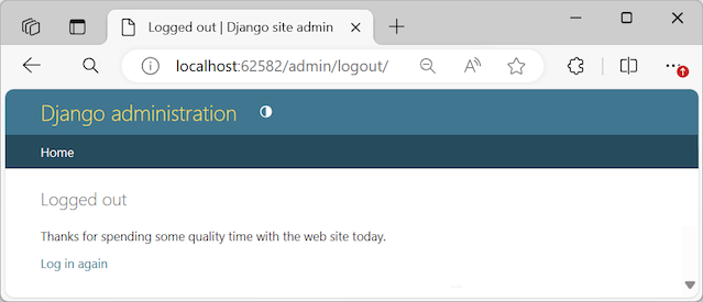 Capture d’écran montrant la page de déconnexion après que le super utilisateur s'est déconnecté du site d’administration Django.
