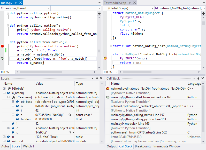 Débogage en mode mixte pour Python dans Visual Studio