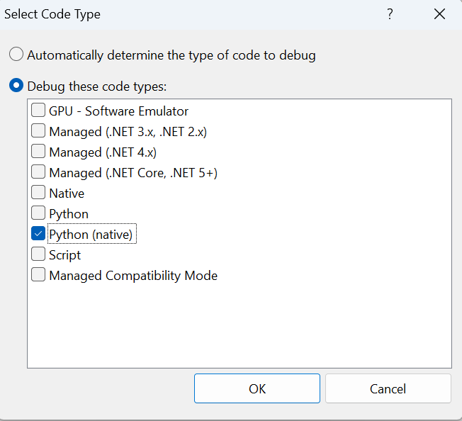 Capture d’écran de l’utilisateur sélectionnant le type de code Python (natif)