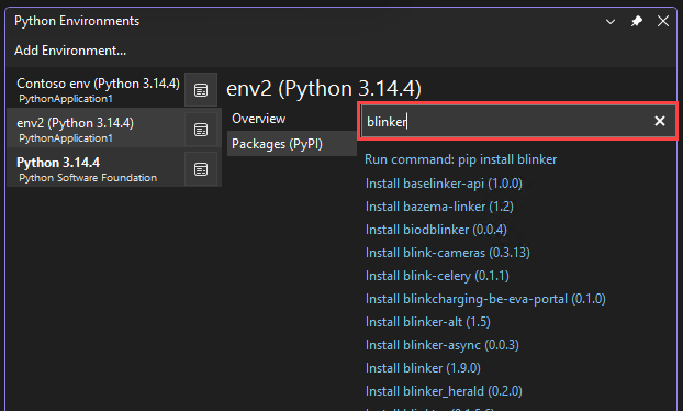 Capture d'écran illustrant comment Visual Studio permet de rechercher des packages correspondants dans la fenêtre des environnements Python.