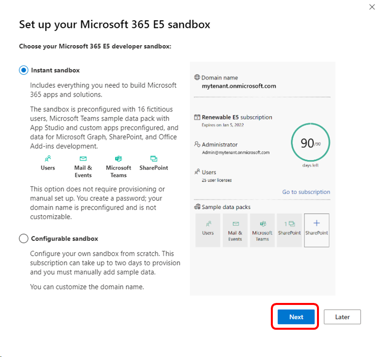 Choix du bac à sable Microsoft 365 Développeur
