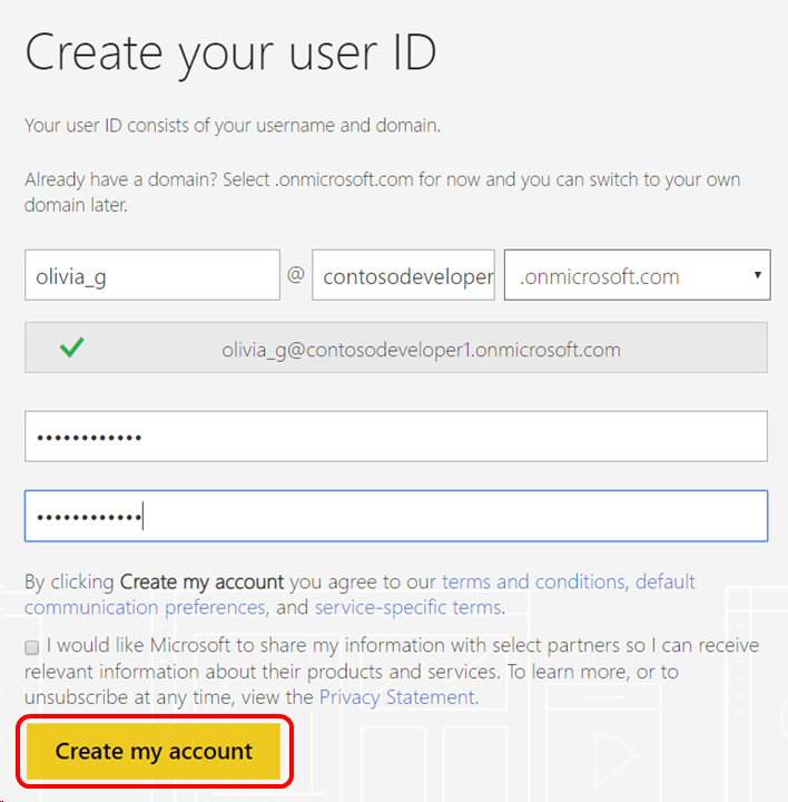 Screenshot of the user account creation dialog. Create my account button is highlighted. Power BI Pro Benefit Create UserID