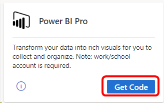 Screenshot of the Power Bi Pro benefit tile. The Get Code button is highlighted. Power BI Pro Benefit Tile