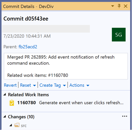 Boîte de dialogue Détails du commit dans Visual Studio 