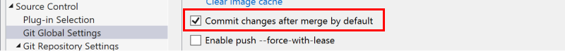 Screenshot showing the checkbox to commit changes after merge by default in the Options dialog box.