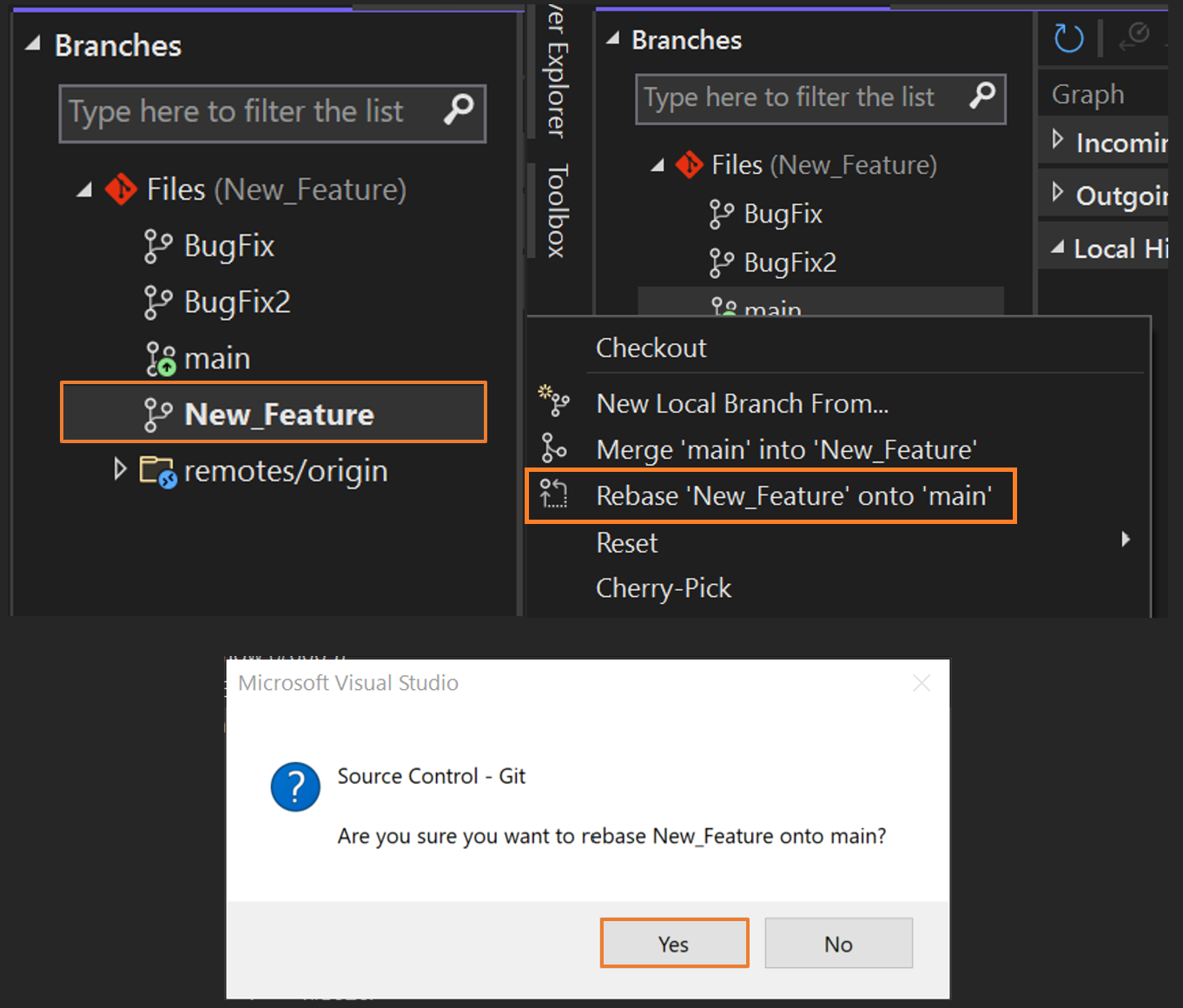 Capture d’écran du rebasage de branches dans Visual Studio.