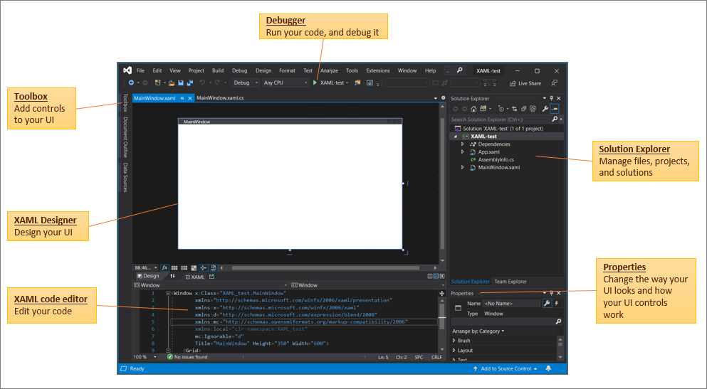 The Visual Studio 2019 IDE with an open WPF project in XAML