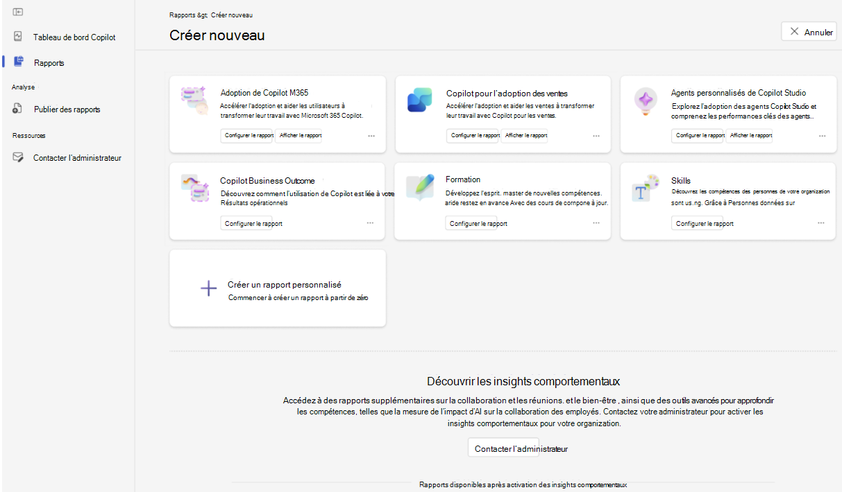 Capture d’écran montrant la page Créer un rapport pour les analystes lorsque les données comportementales sont désactivées.