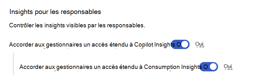Capture d’écran montrant comment activer l’accès aux insights Copilot et aux insights de consommation.
