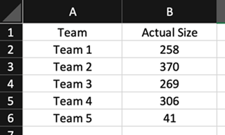 Team size table.