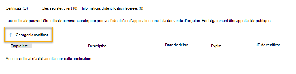 Capture d’écran montrant comment charger un certificat.