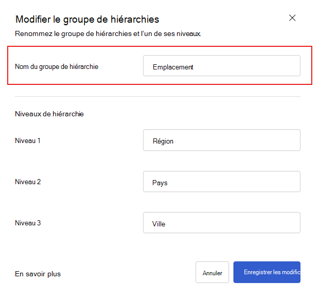 Capture d’écran de la boîte de dialogue Viva Glint pour modifier le nom d’un groupe de hiérarchies.