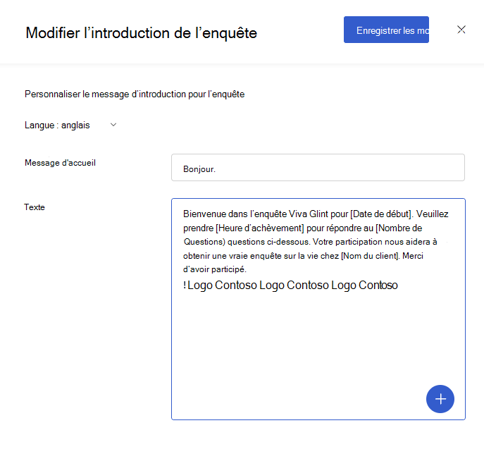 Capture d’écran du texte du logo copié dans un champ de texte d’introduction à l’enquête Viva Glint.