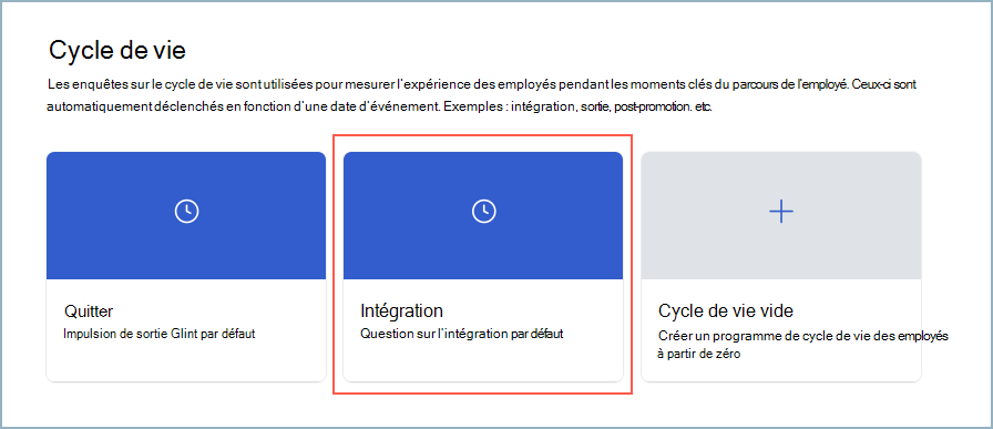 Capture d’écran de l’carte d’intégration pour une enquête sur le cycle de vie.