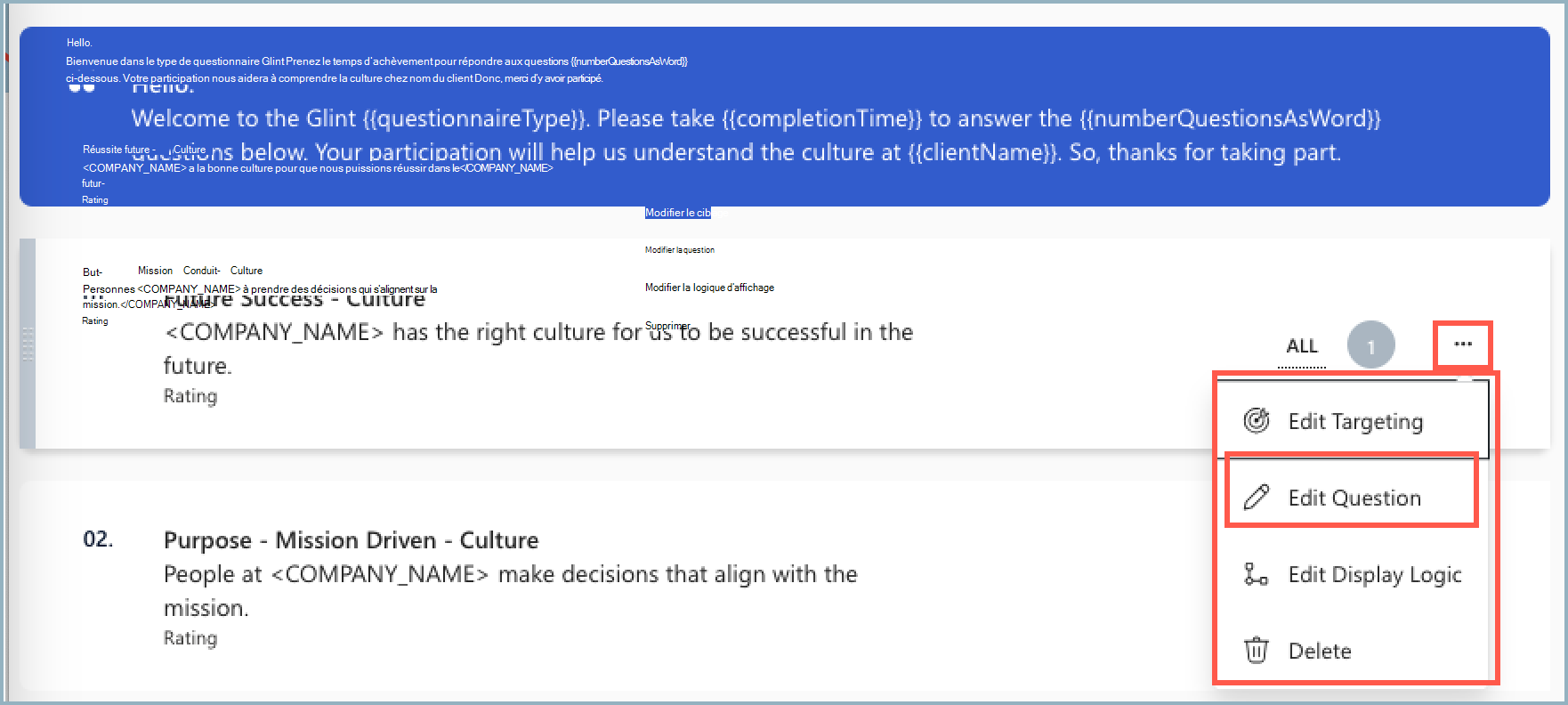 Capture d’écran du menu déroulant en regard des éléments d’enquête.