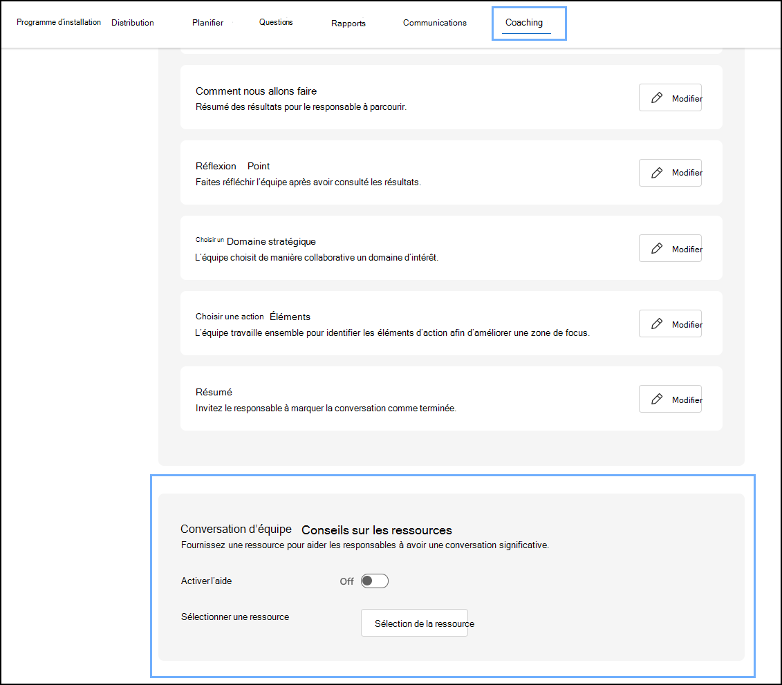 Capture d’écran de la section Team Conversation Resource Guidance pour la configuration de l’administrateur.