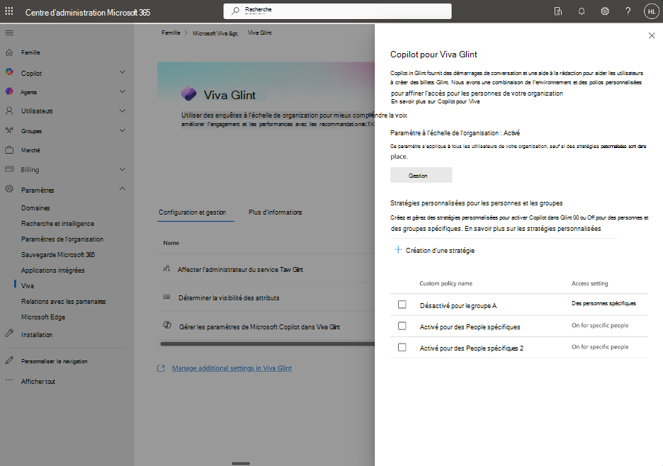 Gérer les Microsoft Copilot dans le volet Viva Glint du Centre d’administration Microsoft 365.
