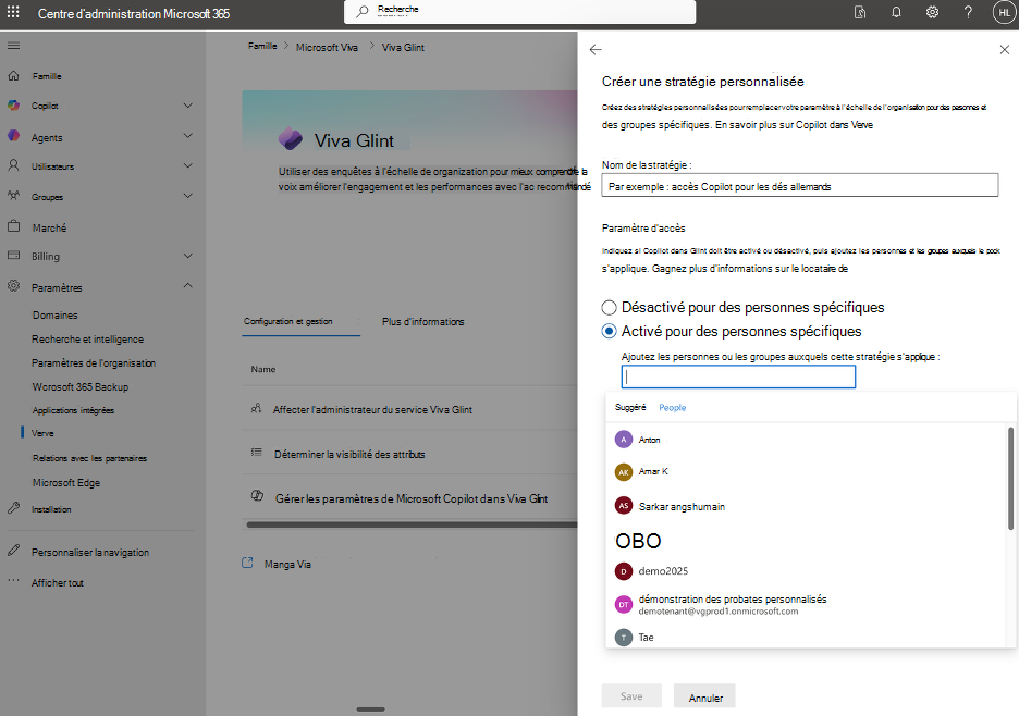 Créez une stratégie VFAM personnalisée pour activer Copilot pour des personnes ou des groupes spécifiques.