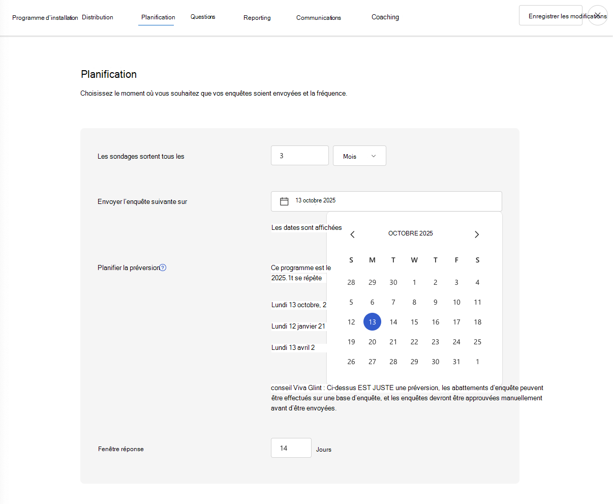 Capture d’écran de la page Planification de l’enquête Viva Glint qui permet aux administrateurs de choisir des éléments tels que la date de lancement de l’enquête.