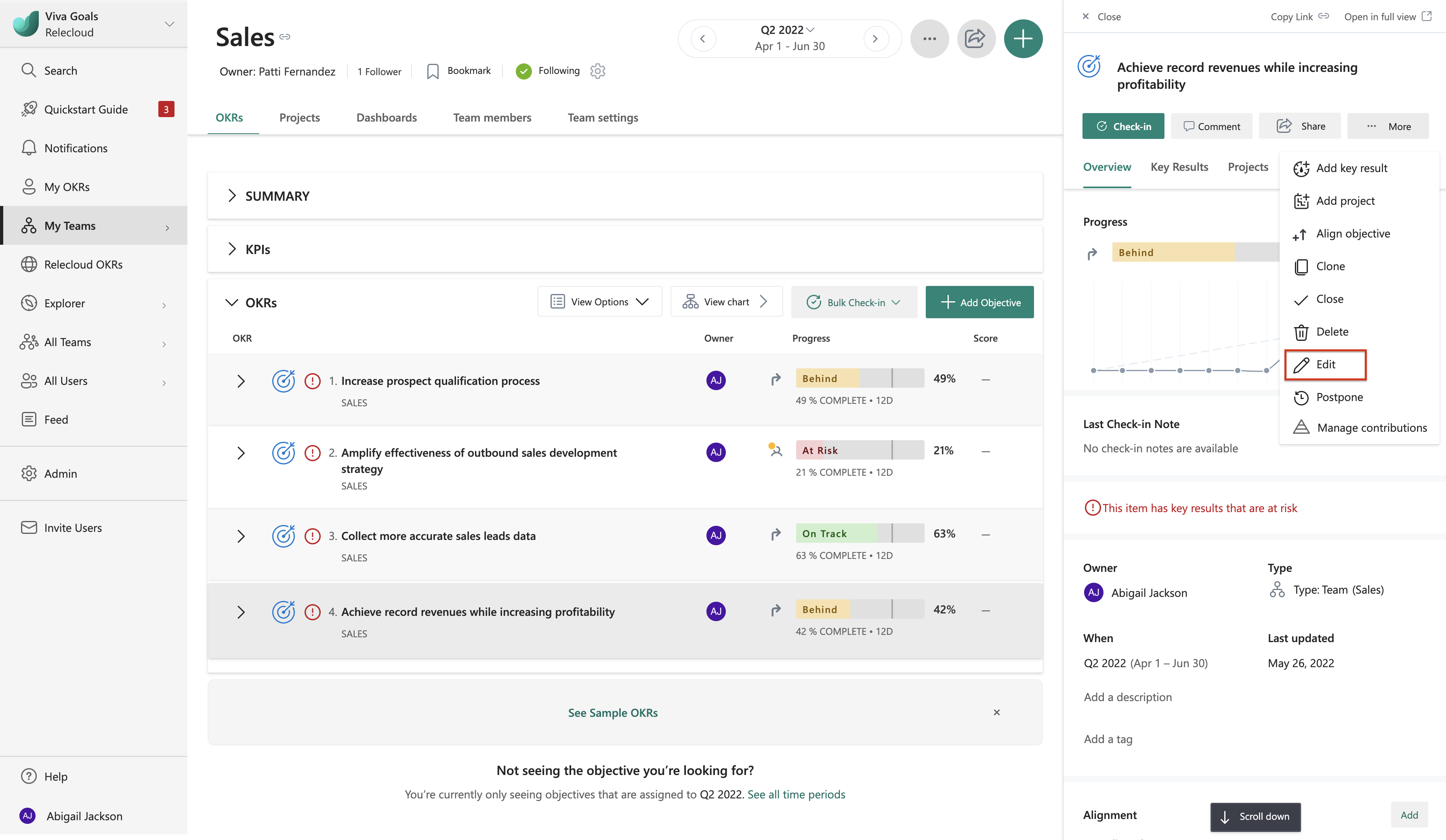 Capture d’écran montrant où vous choisissez de modifier un OKR pour ajouter une nouvelle connexion Box.