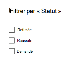 Capture d’écran montrant les options Filtrer par status dans le Centre d’administration SharePoint pour afficher les status d’un terme multiple.