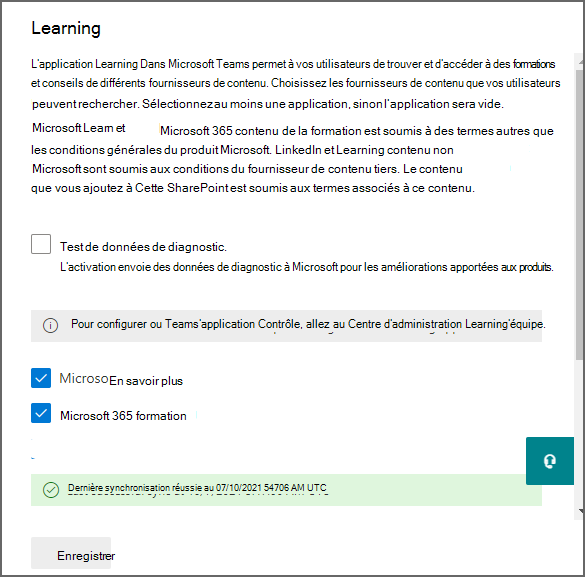 Panneau d’apprentissage dans le Centre d'administration Microsoft 365 affichant les options de sources de contenu.