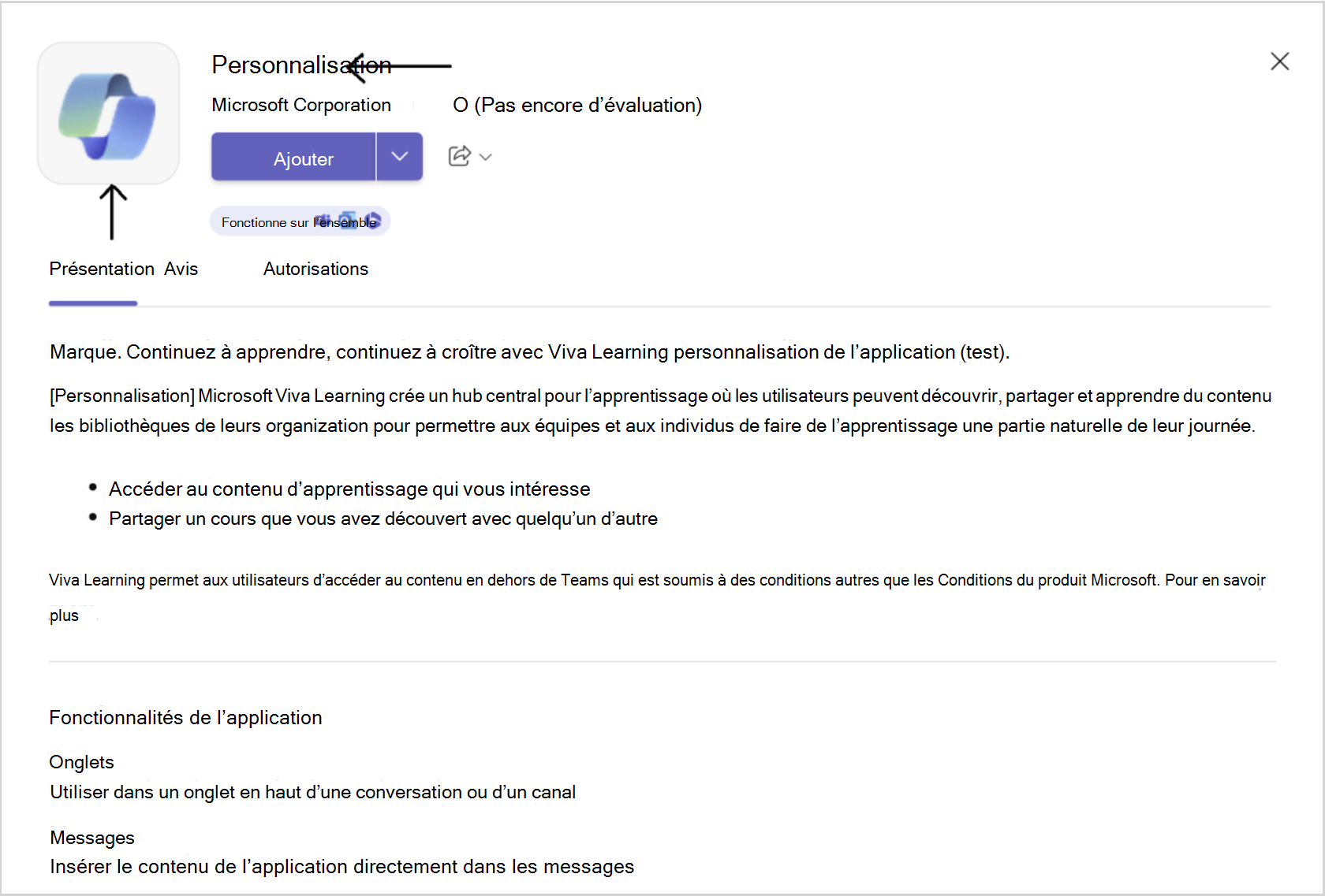 Capture d’écran de l’application Viva Learning dans l’App Store avec la marque que vous avez choisie, y compris le nom et l’icône.