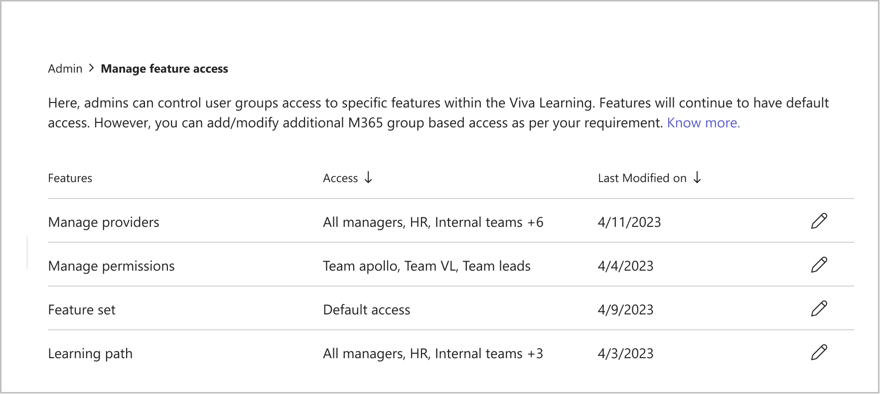 Image de l’option d’administration Viva Learning pour la gestion de l’accès aux fonctionnalités