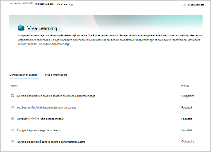 Administration Microsoft 365 page qui affiche la liste des paramètres de Viva Learning