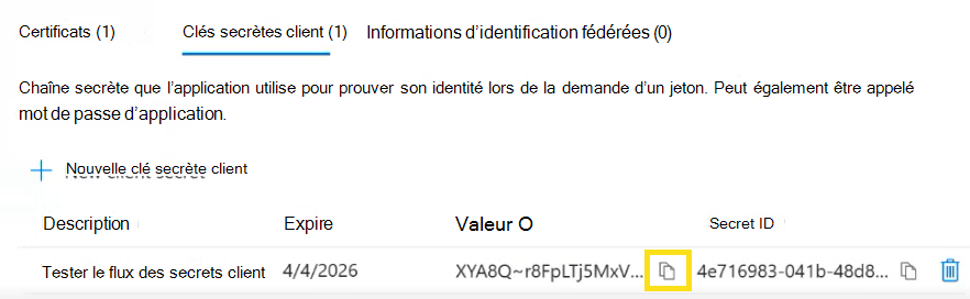 Capture d’écran montrant comment copier la clé secrète client.
