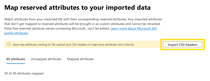 Capture d’écran montrant comment importer des en-têtes csv.