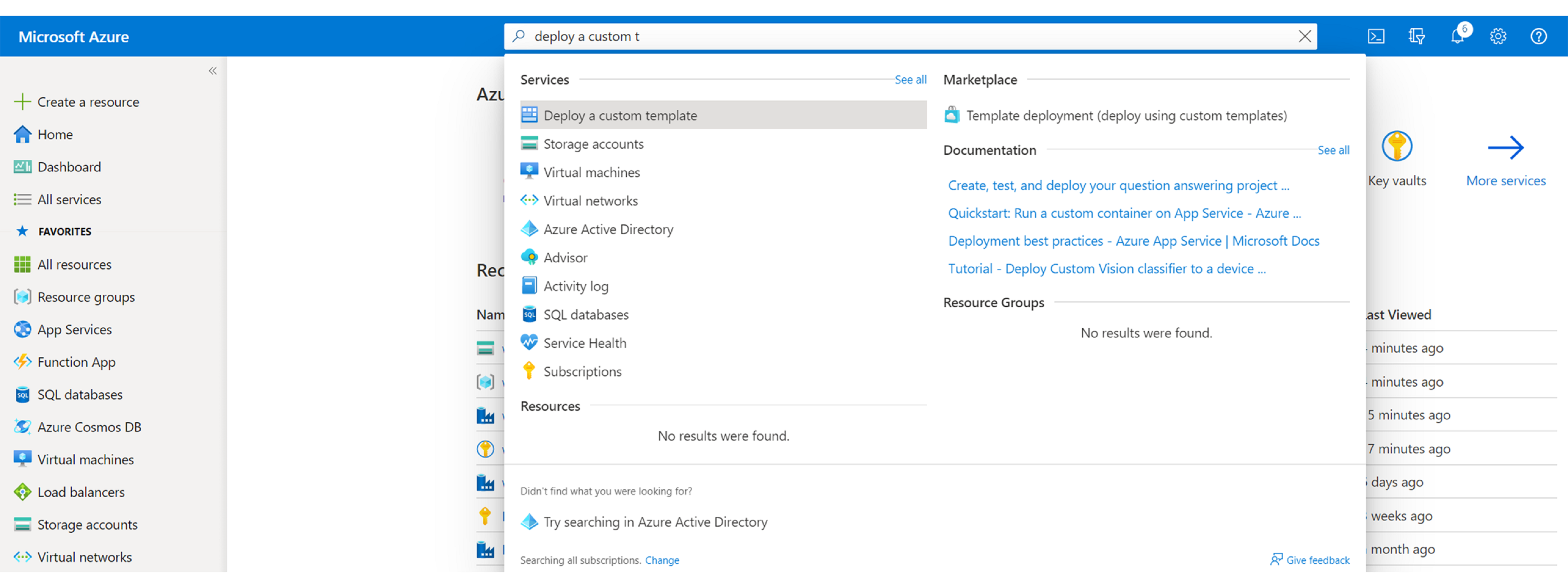 Screenshot that shows the deploy from a Custom Template option in Azure.