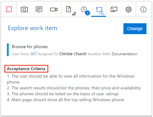Capture d’écran montrant l’affichage des critères d’acceptation.