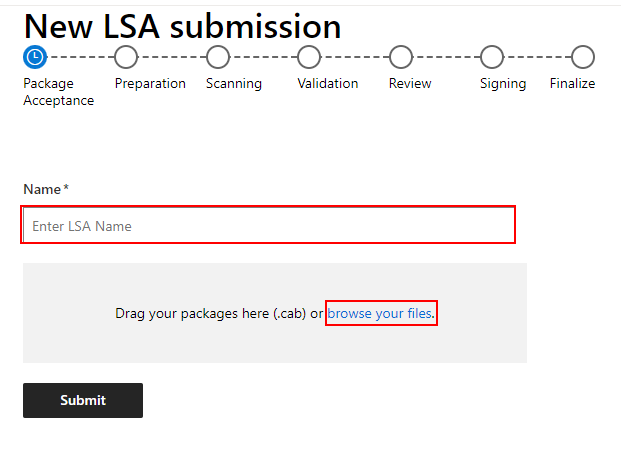 Capture d’écran montrant le formulaire de soumission LSA.