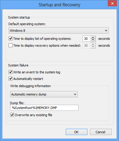 Capture d’écran de la boîte de dialogue Démarrage et récupération dans Windows Panneau de configuration.