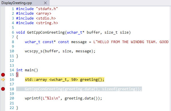 Capture d’écran de la fenêtre de code source dans le débogueur WinDbg avec mise en surbrillance de la syntaxe.