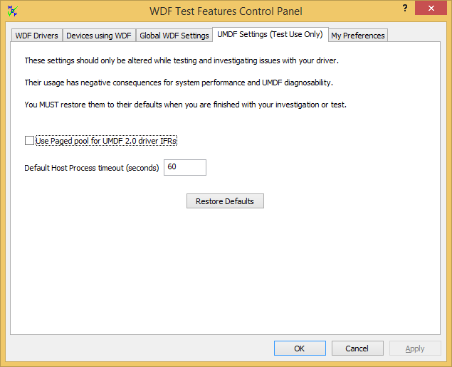 Capture d’écran de l’onglet UMDF Settings (Test Use Only) dans WDF Verifier.