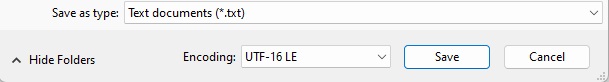 Capture d’écran de la boîte de dialogue Enregistrer sous avec l’encodage UTF-16 LE sélectionné.