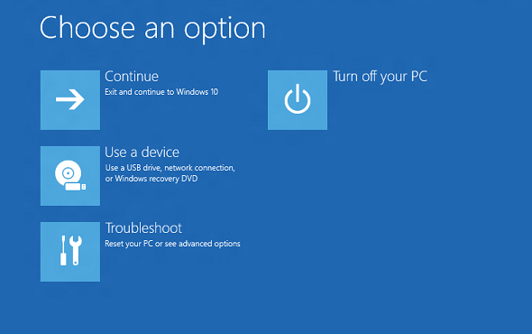 Capture d’écran montrant les options suivantes : Continuer, Utiliser un appareil, Résoudre les problèmes ou Désactiver votre PC