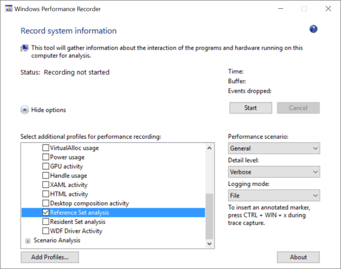 Boîte de dialogue de démarrage de l’Enregistreur de performances Windows (WPR).