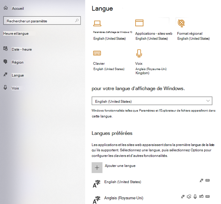 La nouvelle section vue d’ensemble vous permet de savoir rapidement quelles langues sont sélectionnées par défaut pour leur affichage Windows.