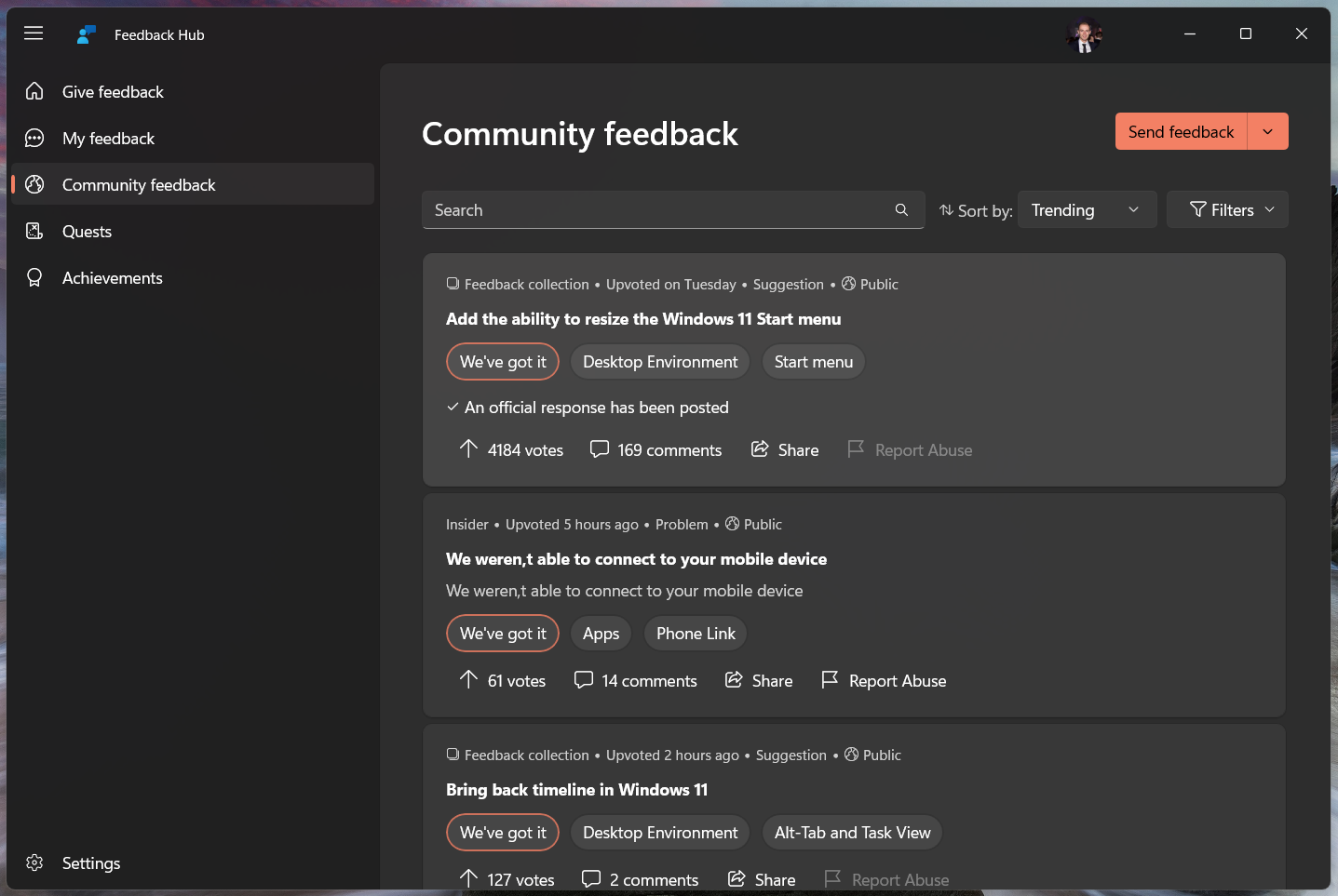 Recherche de commentaires sur la section Commentaires de la communauté du Hub de commentaires.