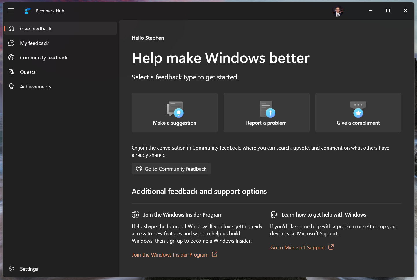 Page d’accueil du hub de commentaires
