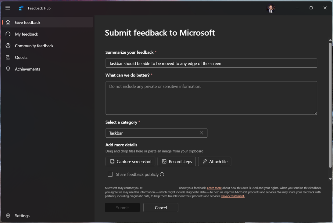 Formulaire de suggestion dans le Hub de commentaires