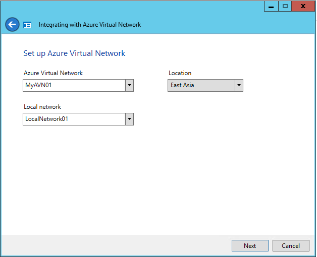 Capture d’écran montrant la page Configurer un réseau virtuel Azure de l’Assistant Intégration au réseau virtuel Azure.