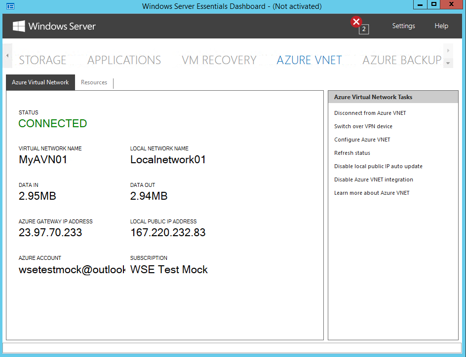Capture d’écran montrant la page du réseau virtuel Azure du tableau de bord Windows Server Essentials. L’onglet Réseau virtuel Azure est sélectionné et affiche l’état Connecté. Sous ces informations d’état, les détails du réseau virtuel s’affichent.